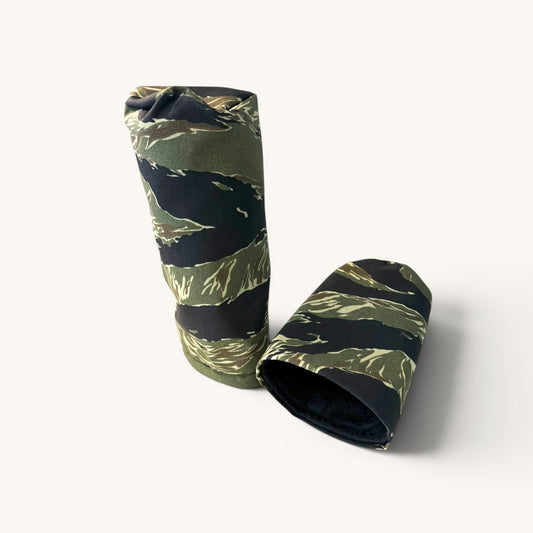 Greyside Golf green tiger stripe Camo driver headcover made from Cordura, with black fleece interior and elastic closure.