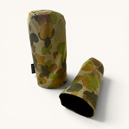 Greyside Golf Australian DPU Camo driver headcover made from Cordura, with black fleece interior and elastic closure.