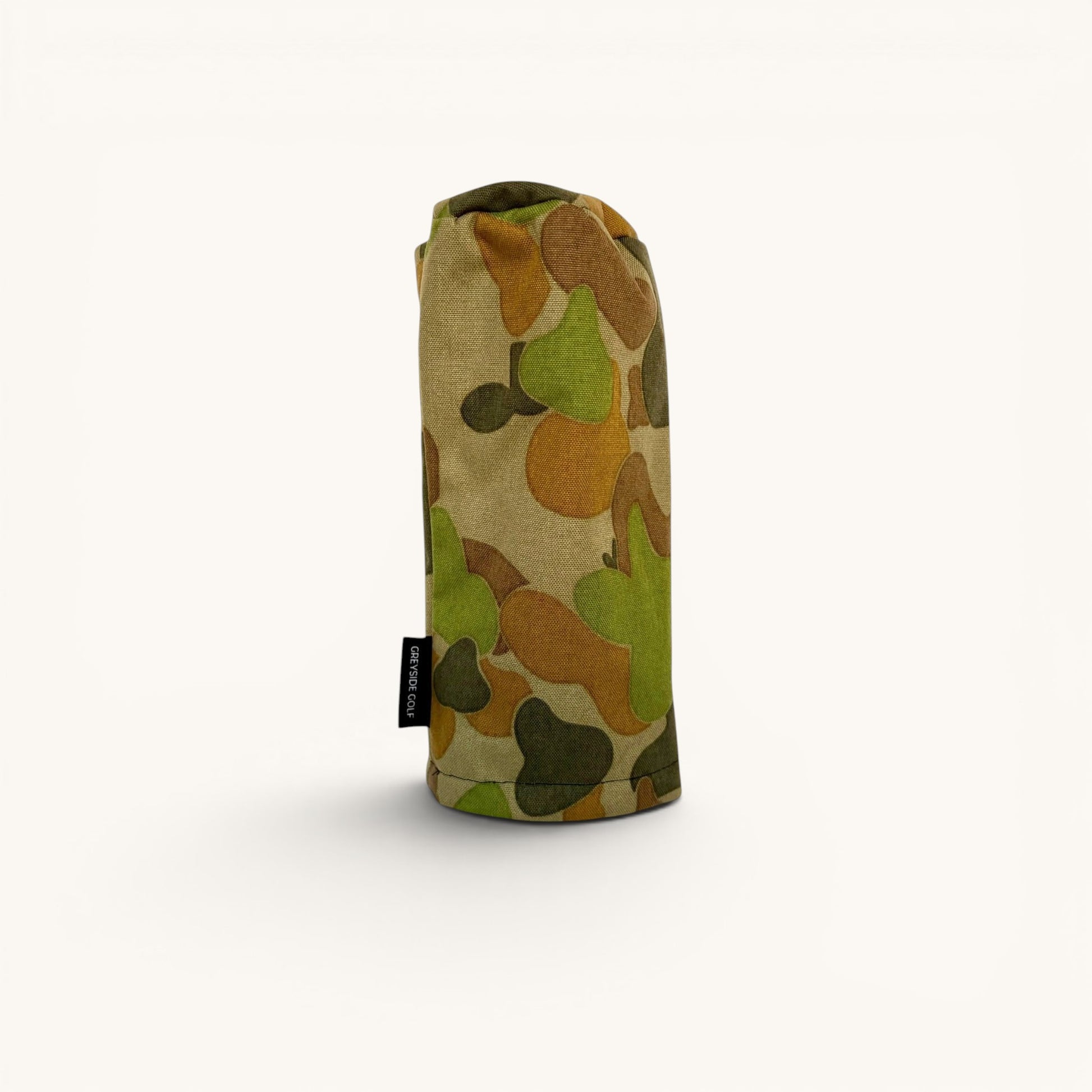 Greyside Golf Australian DPU Camo driver headcover made from Cordura, with black fleece interior and elastic closure.