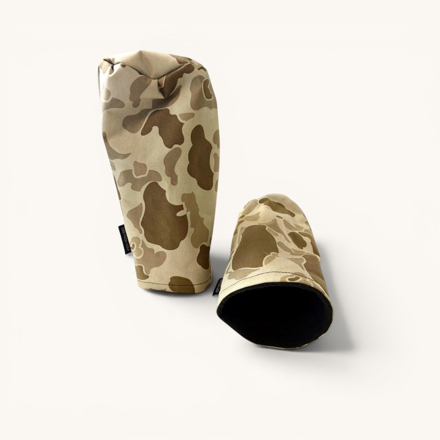 Greyside Golf desert frogskin Camo driver headcover made from Cordura, with black fleece interior and elastic closure.
