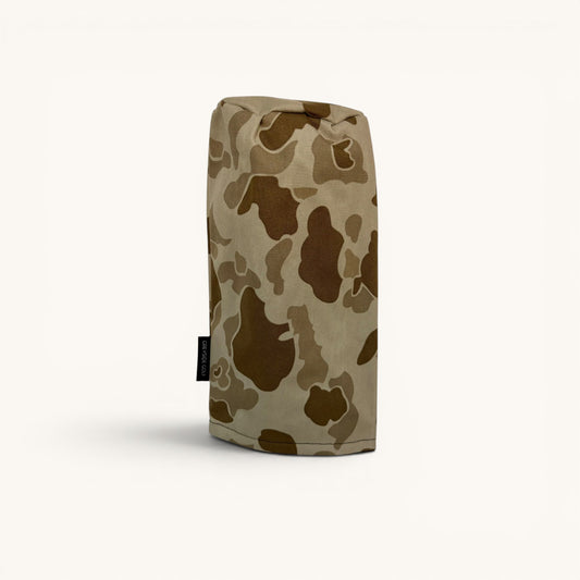 Greyside Golf desert frogskin Camo driver headcover made from Cordura, with black fleece interior and elastic closure.