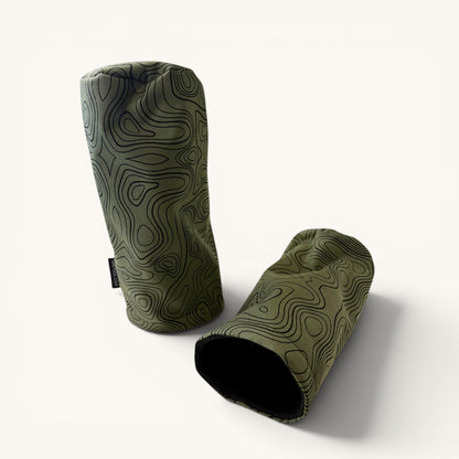 Greyside Golf green topographic Camo driver headcover made from Cordura, with black fleece interior and elastic closure.