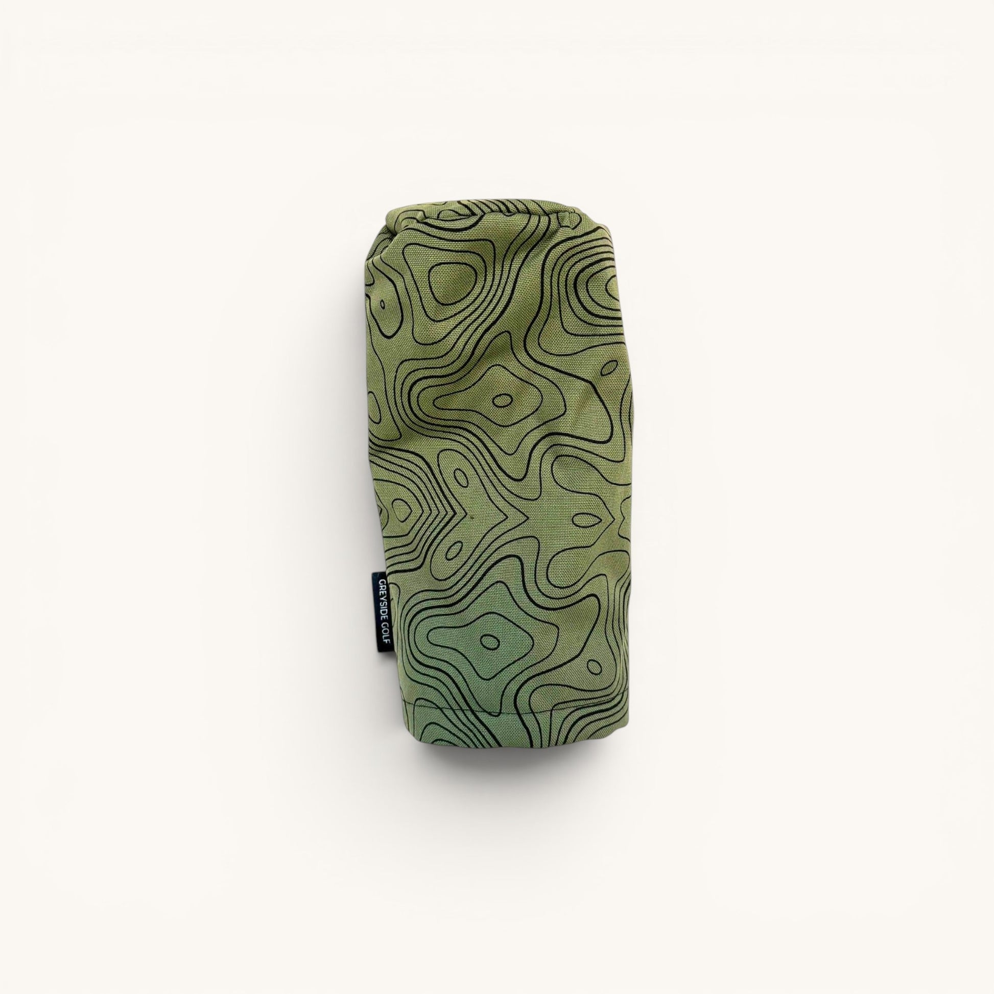Greyside Golf green topographic Camo driver headcover made from Cordura, with black fleece interior and elastic closure.
