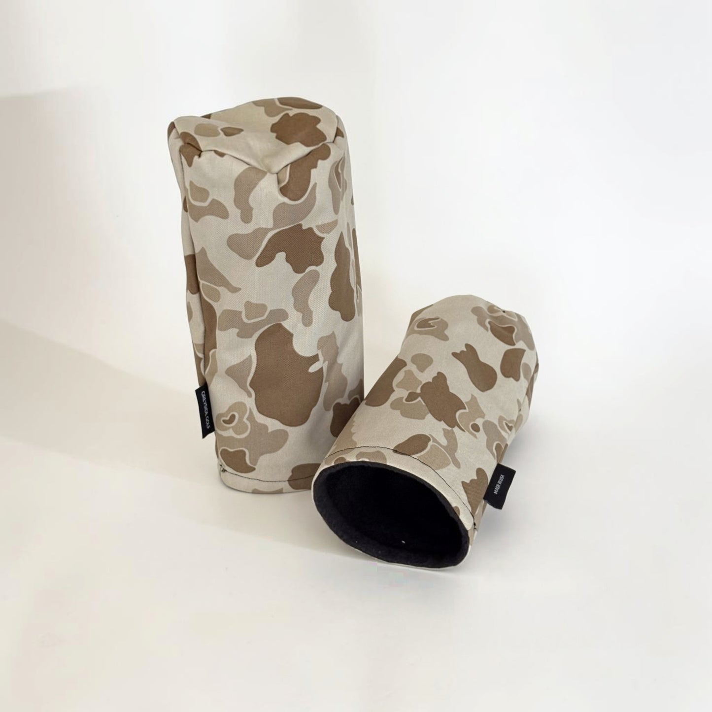 Handmade 500D golf headcover in P1942 frogskin desert camo pattern. Black fleece lining, hidden elastic, Greyside inseam label. Limited run. $60-$115. Made in USA.