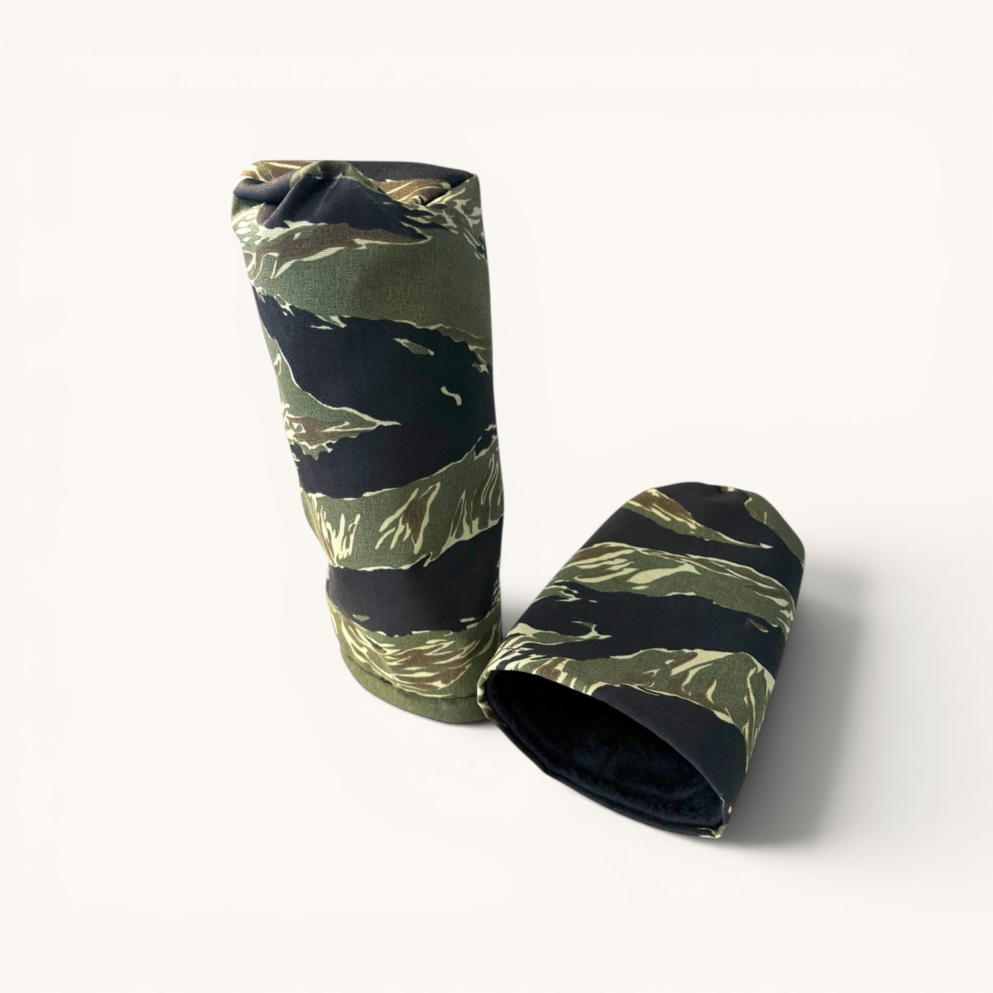 Greyside Golf green tiger stripe Camo driver headcover made from Cordura, with black fleece interior and elastic closure.