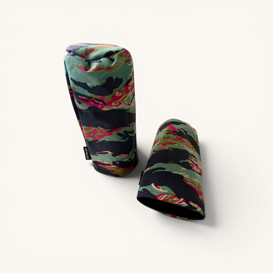 Greyside Golf Miami vice tiger stripeCamo driver headcover made from Cordura, with black fleece interior and elastic closure.