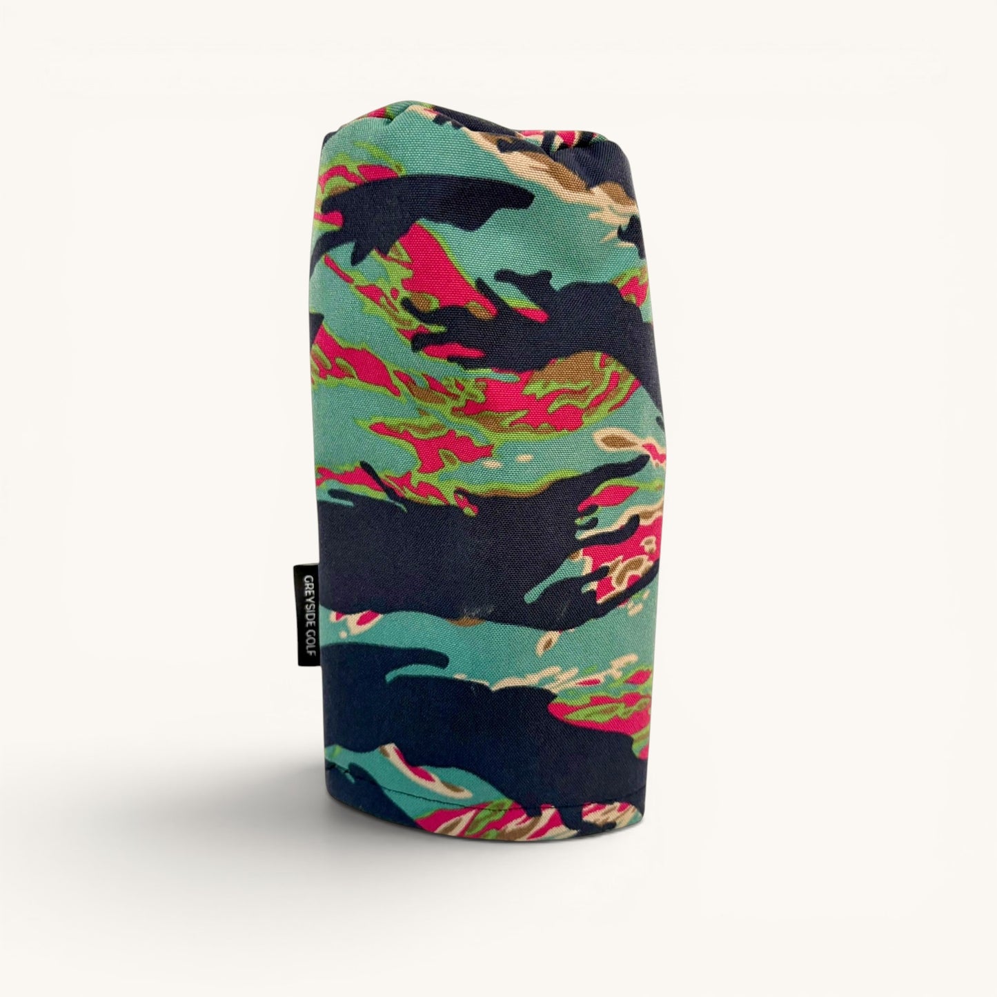 Greyside Golf Miami vice tiger stripeCamo driver headcover made from Cordura, with black fleece interior and elastic closure.