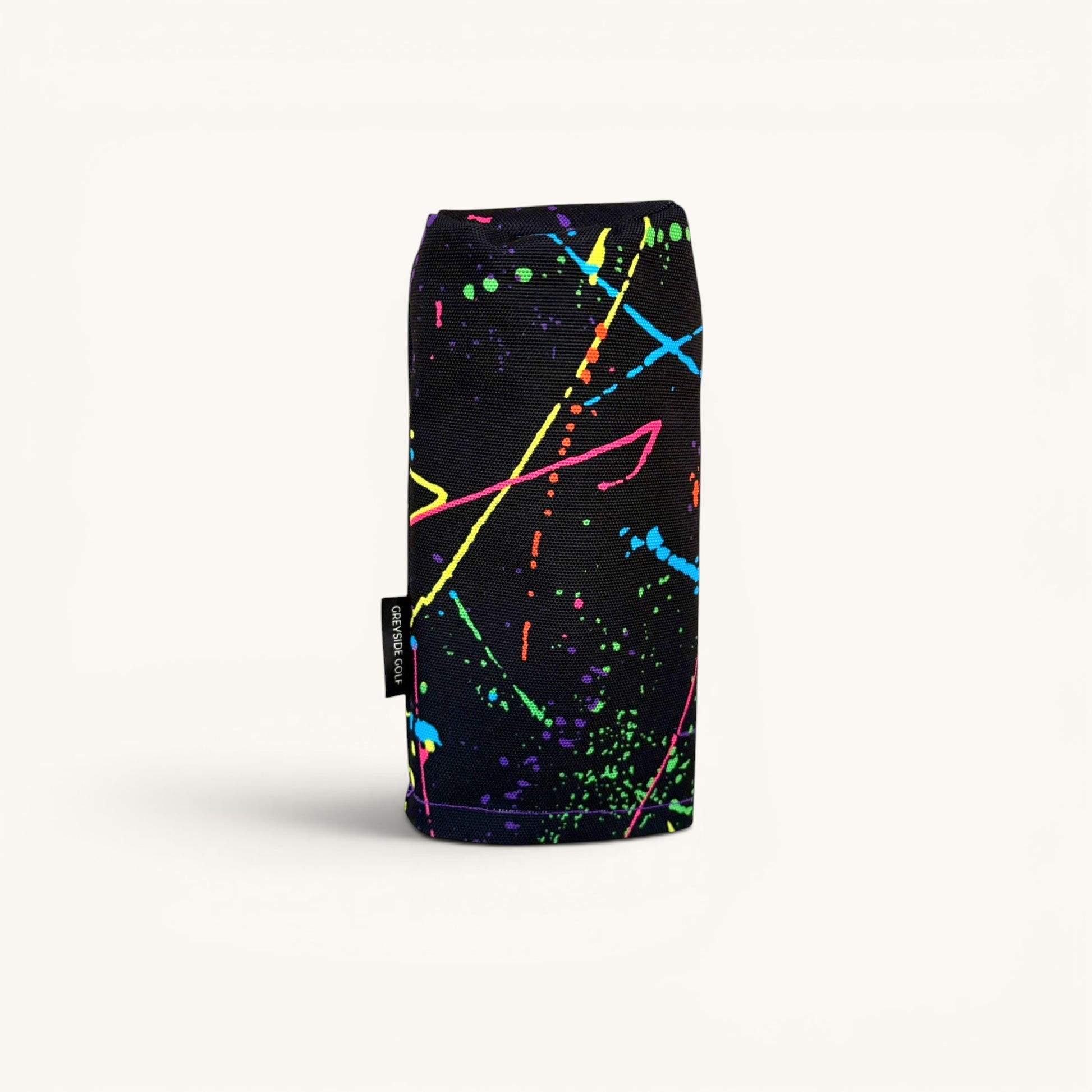 Greyside Golf splatter job Camo driver headcover made from Cordura, with purple fleece interior and elastic closure.