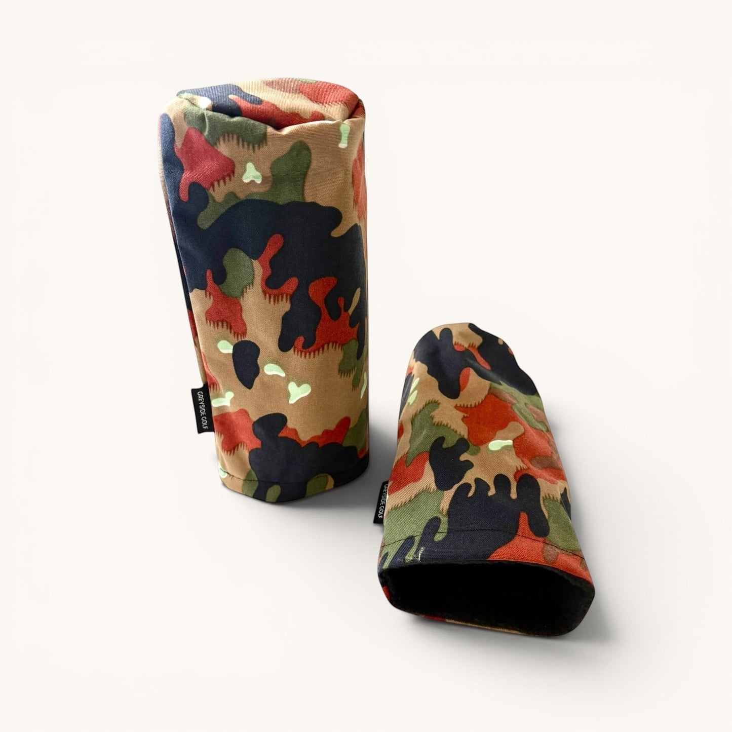 Greyside Golf Swiss Alpenflage camo Cordura driver and wood headcovers with black fleece lining.