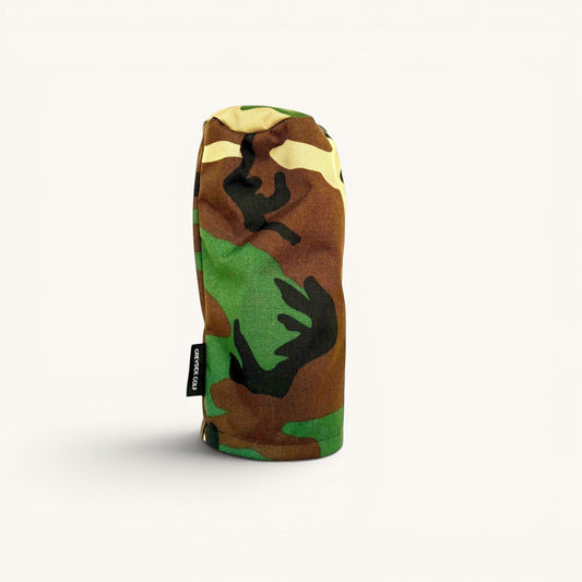 Greyside Golf M81 Woodland Camo driver headcover made from Cordura, with black fleece interior and elastic closure.